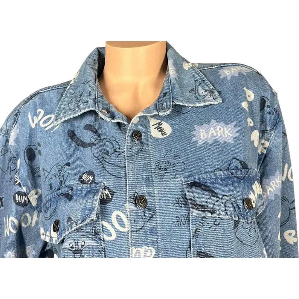 Disney Parks Jean‎ Jacket Adult XL Oversized Blue Denim Critters Pluto Shacket
